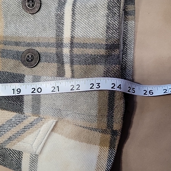 Rue 21 Size S Gray Tan Cream Plaid Polyester Wool Blend Double Breasted Jacket - Picture 12 of 14